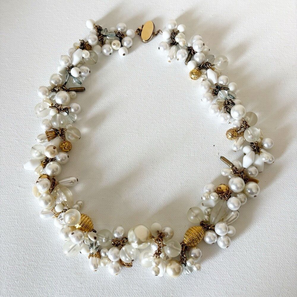 Faux Pearl & Beaded Cluster Necklace 14K Gold Filled 22” Statement Jewelry